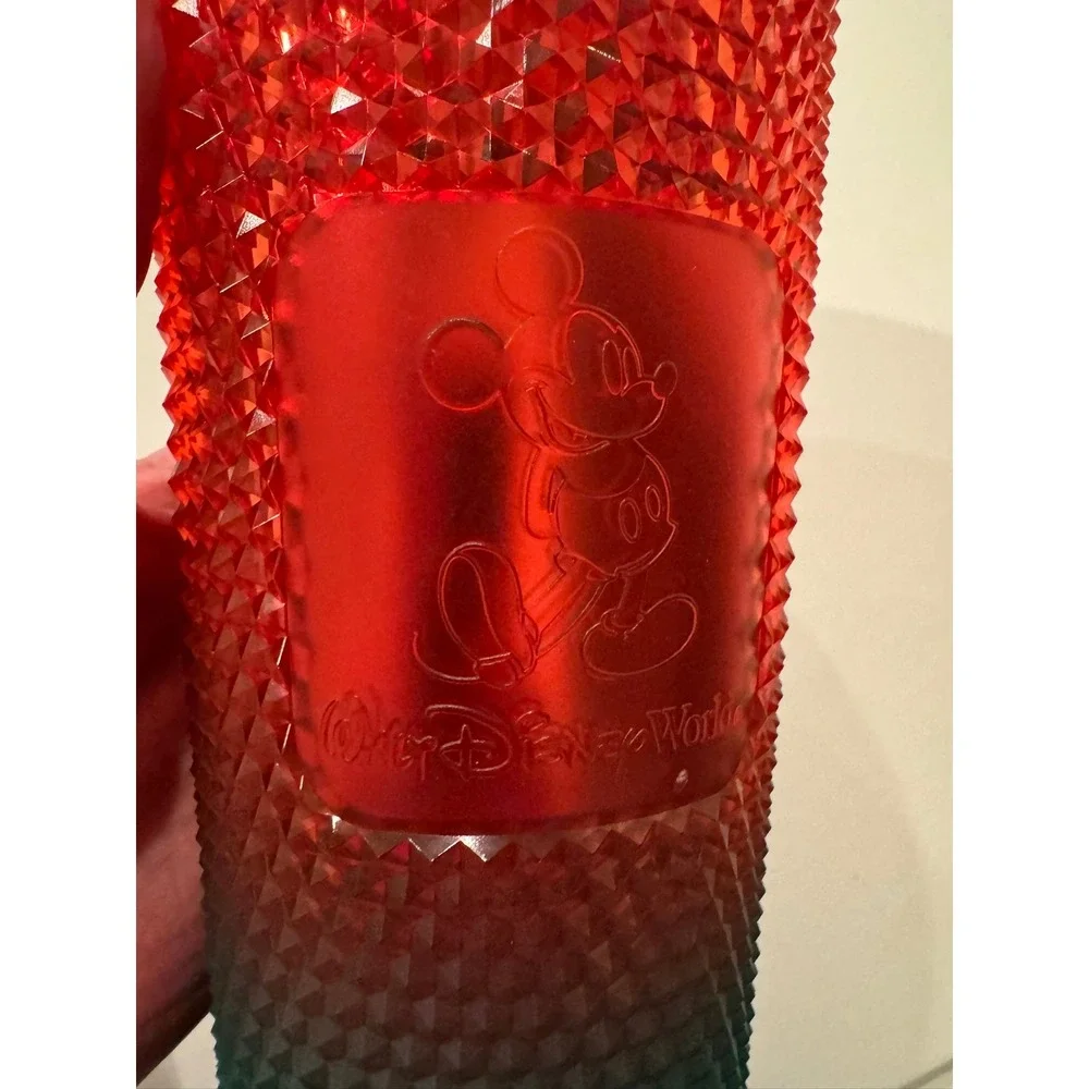Starbucks Disney World Christmas Red Green Ombre Studded Tumbler 24oz Lid Damage